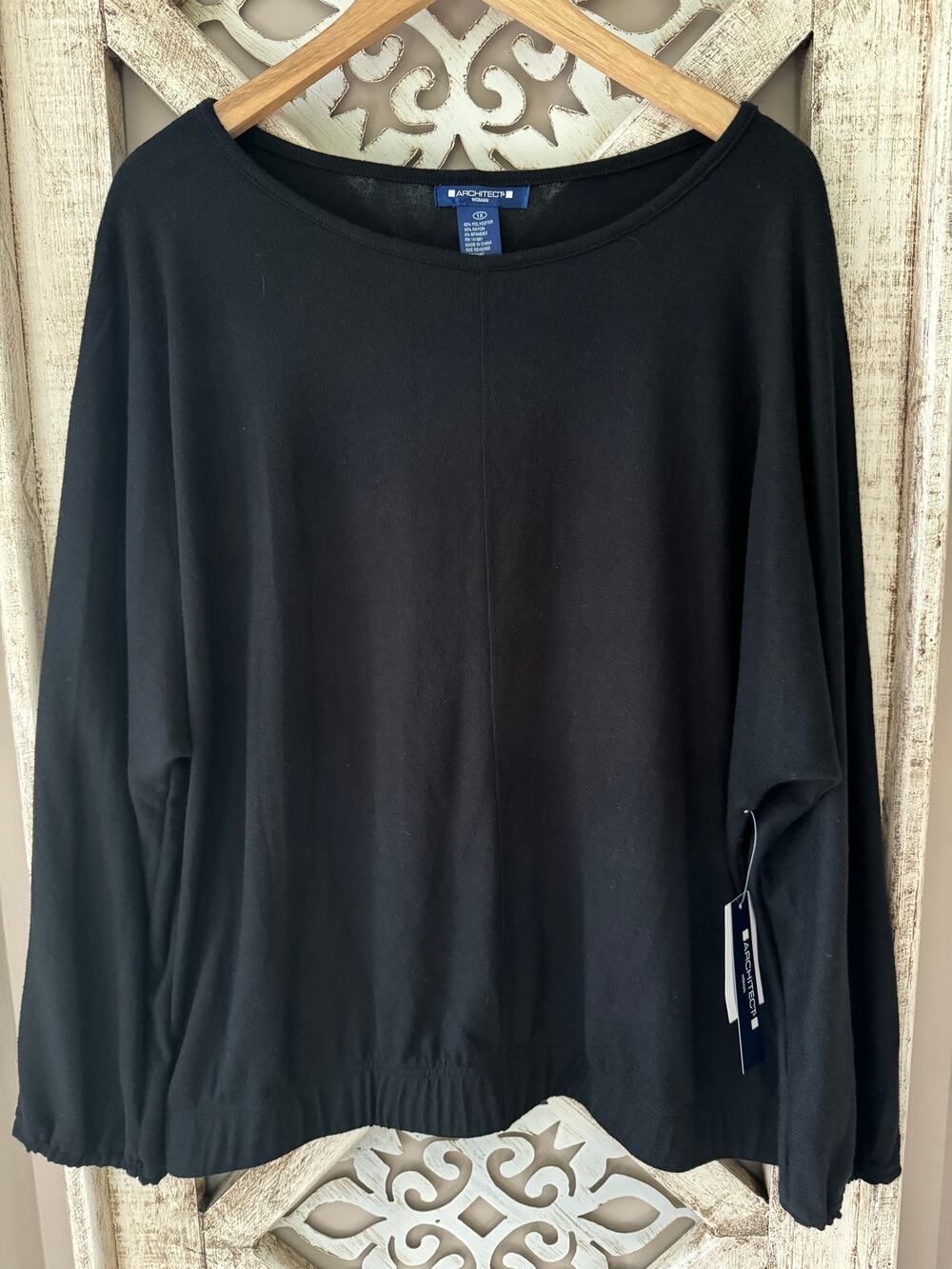 Architect Women's Plus Dolman Sleeve Elastic Waist Blouson Pullover Top in Black